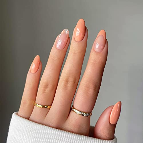 Luvadeyo 24 Pcs Press on Nails Medium,Fake Nails with Nail Glue, Orange French False Nails
