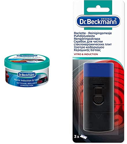 Dr. Beckmann - Pierre Induction et Vitrocéramiques - Elimine les saletés tenaces - Brillance sans laisser de traces - Lot de 3 & Raclette Plaque Vitrocéramique & Induction + 3 lames