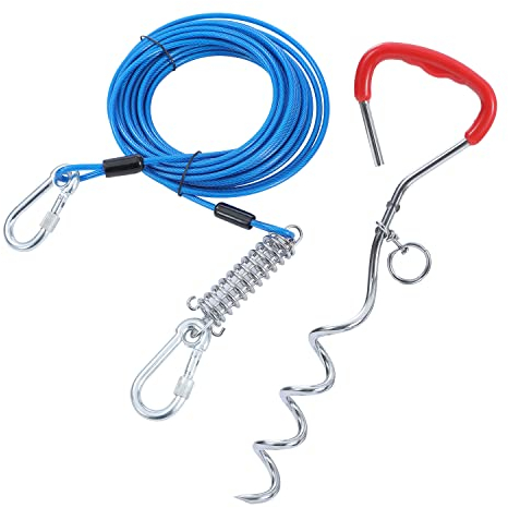 TOPWAY Dog Tie Out Cable 10m/33ft with Shock Absorbing Spring, 42cm Spiral Ground Spike Stake, Dog Tether Dog Leads for Yard Outdoor Camping (Blue)