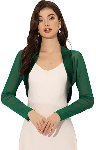 Allegra K Women's Satin Shrugs Elegant Mesh Panel Sleeve Open Front Party Crop Cardigan Dark Green M