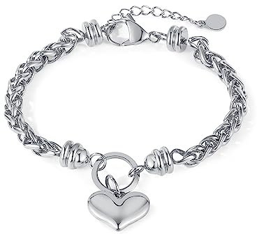 OSTAN Bracciale da donna in acciaio inox con ciondolo a forma di cuore, per donna, Acciaio inossidabile