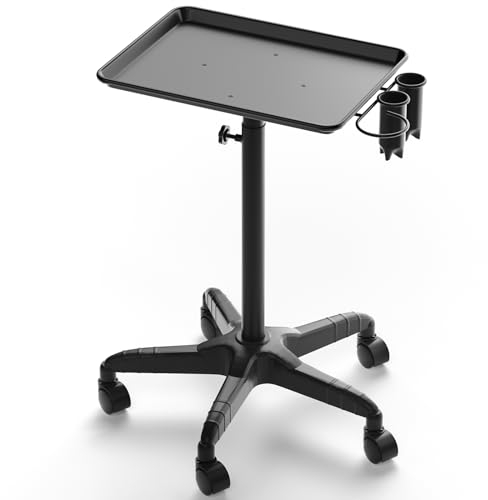 The Fellie Salon Tray Hairdressing Rolling Cart on Wheels, Adjustable Height Aluminum Salon Trolley, Instrument Hairdressing Trolley Tool Holder with 2 Cups & 1 Metal Loop for Beauty Salon Dentistry