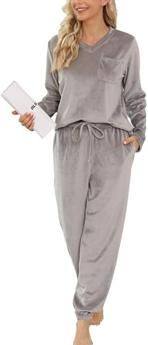 Vlazom Pigiami Donna Pigiami Due Pezzi A Maniche Lunghe Invernali Caldo Pile Morbido Pigiama,Grigio Chiaro,XL
