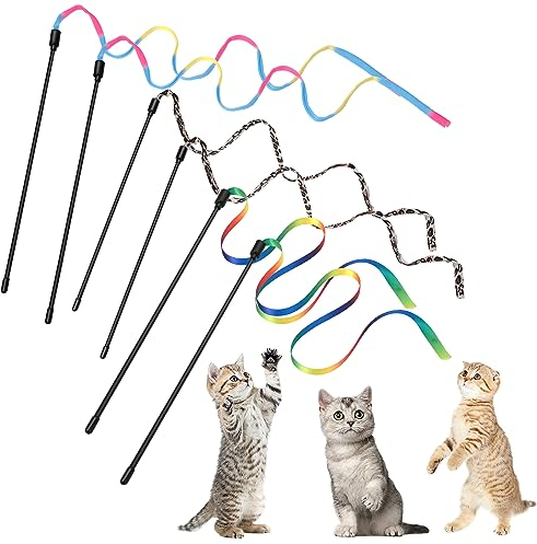 cobee Lot de 6 baguettes interactives pour chat de 30 cm avec ruban arc-en-ciel de 60 cm + ficelle en tissu arc-en-ciel + ficelle en tissu imprimé léopard pour animal domestique chaton (6 pièces)