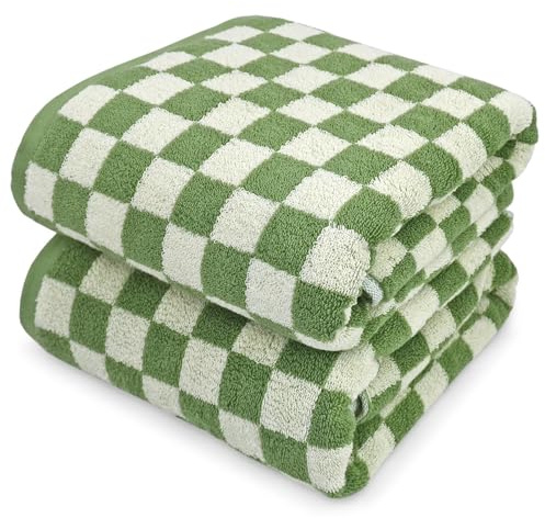 Jacquotha Badetücher, 2er-Set, Luxus-Duschtücher, 139,7 x 69,8 cm, Baumwolle, Strandtuch, grün kariert, saugfähig, schnell trocknend, 520 g/m²
