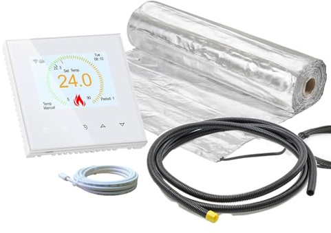 ew direkt Komplett-Set elektrische Fußbodenheizung AluPro 140 für Laminat/Klickvinyl mit Thermostat RT-70 Wlan Tuya/Smart Life (20 m² - 0,5 x 40 m)