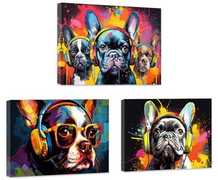 ZXHYWYM Tier Graffiti Wanddekoration 3 teilig bunter Hund mit Sonnenbrille und Kopfhörer Bild Musik Tier Leinwanddruck für Teenager und Jungenzimmer mit Rahmen (B (28x35cmx3))