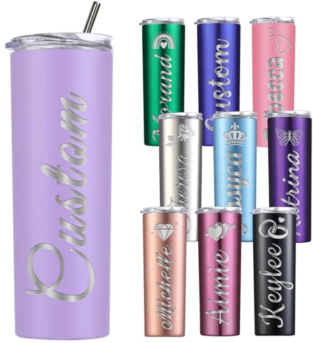 Nevaou Personalised Tumbler with Lid and Straw Custom Skinny Tumblers Name Engraved Stainless Steel Cups Insulated 20oz Light Purple Men Women Birthday Christmas Valentine's Day Gifts