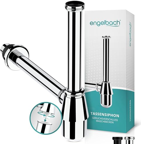 Engelbach® Sifone lavabo bagno 1 1/4 salvaspazio con attacco lavatrice - Scarico universale completo con tubo, piletta e guarnizioni
