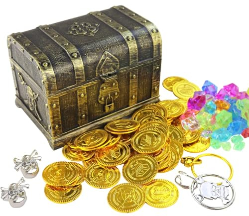 HecticCore Piraten schatzkiste Set - Piratenschatz mit Schloss und Schlüssel, inkl. 50 Goldmünzen, 50 Edelsteine - Perfekt für Schatzsuche und Piratenpartys, kindergeburtstag