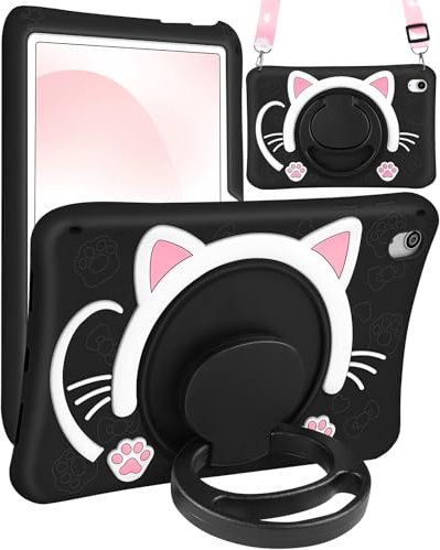 Wazzasoft Custodia per iPad A16/10a generazione - Custodia in silicone morbido per iPad 11a 11 pollici/10a 10,9 pollici ragazze donne cartoni animati 3D carino gatto nero gattino con supporto rotante