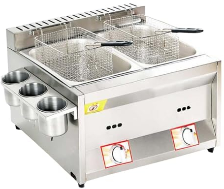 Generic Friteuse à Gaz Dual Zone, Friteuse Commerciale en Acier Inoxydable avec 2 Paniers à Friture, Réglage Manuel de la Température Facile à Nettoyer, pour Frire des Aliments Cuisiner, FRY95