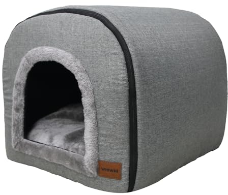Whiwhi Katzenhöhle für Drinnen Katzen Höhlenbett mit Plüsch Katzenkissen Schlafhaus Haustierhaus Faltbares Hundehöhle 45x35x35cm(Grau)