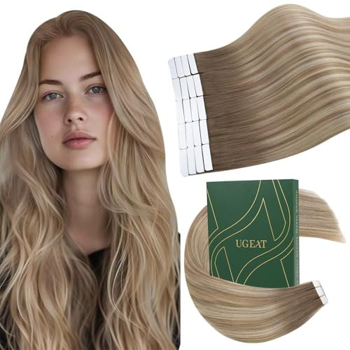 Ugeat Tape Extensions Echthaar Ombre 35 cm Glatt Echthaar Extensions Tape Blond Braun Invisible Tape Extensions Balayage Goldblond Haarverlängerung Echthaar Tape 20 Stück Für Party 40g #9A/60/9A