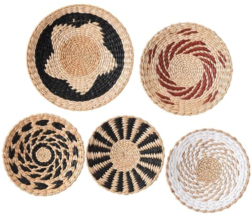 Hängender Gewebter Wandkorb, Boho-Dekor-Set, Dekorative Gewebte Seegras-Körbe, 5 Einzigartige Handgefertigte Runde Seegras-Rattan-Körbe, Wanddekoration für Zuhause, Wohnzimmer,