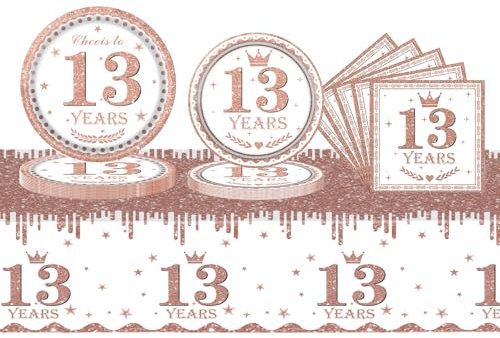 53Pcs Rose Gold Tableware Set for 13th Birthday - Table Cloth, Napkins, Plates (7+9in), Paper Dinnerware - Anniversary Decor for Kids Her Birthday Party Supplies