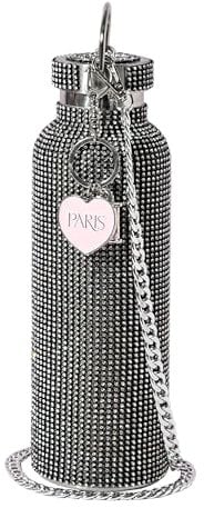 Paris Hilton – schwarze Glitzer-Trinkflasche, 750ml mit Edelstahlkörper und Strasssteinen – Wasserflasche mit Metallanhänger und abnehmbarer Tragekette, Ideal für Unterwegs