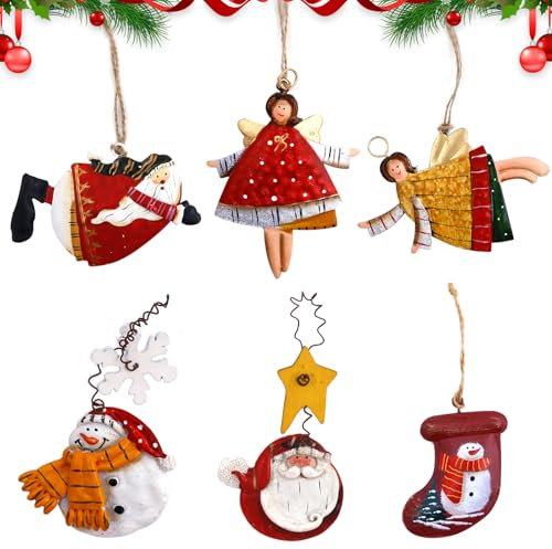 6 colgantes de metal para el árbol de Navidad, adornos de metal para colgar en Navidad, decoración navideña con muñeco de nieve, Papá Noel y ángel de la guarda, personalizados