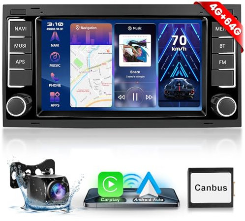 【4+64G】 Hodozzy Carplay Radio Coche para VW Touareg 2004-2011 Transporter T5 Multivan 2004-2009 con GPS/WiFi, 7 Pulgadas Radio Coche Bluetooth con Android Auto/32 EQ/FM/RDS/USB+Cámara de Marcha Atrás