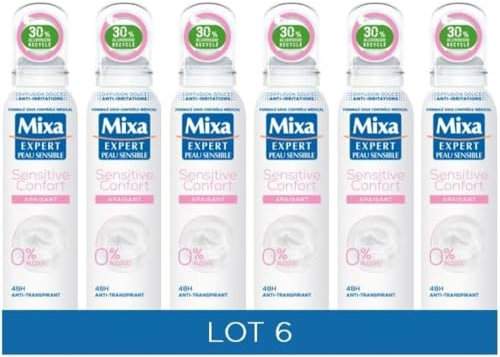 Mixa - Deodorant gegen Schweiß 48 Stunden – wirksam gegen Gerüche und Schweiß – Sensitive Confort beruhigend – 6 Stück