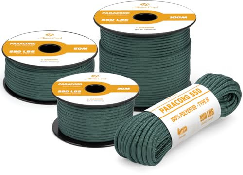 Abma Cord 550 Paracord 4mm 30m Rope 7 Strands Type III Parachute Cord for Crafting, Camping, Survival, Outdoor - Max. 250kg - Dark Green
