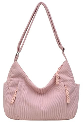 VOKUVIKU Unisex Cord Tasche Umhängetasche Schultertasche groß Damen Shopper Tasche Fashion Stofftasche für Alltag Büro Schule Reisen, Pink