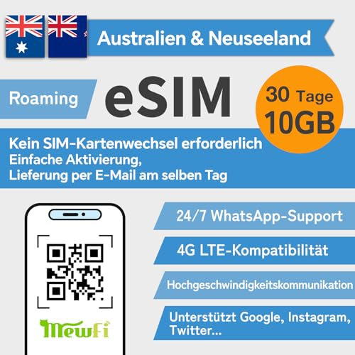 eSIM für Australien & Neuseeland –Einfache Aktivierung &24/7 Whatsapp-Support – 4G High-Speed-Kommunikation,unterstützt Google,Ins,Twitter... für eSIM-kompatible entsperrte Smartphones
