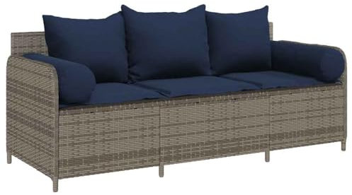 vidaXL Gartensofa mit Kissen 3-Sitzer Grau Poly Rattan