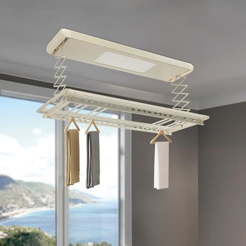 OMGGYER Wäscheständer deckenmontage Vertikaler Deckenwäschetrockner aus Aluminium & Stahl, Elektrischer Wäscheständer zusammenklappbar mit LED-Beleuchtung & Fernbedienung (Weiß)