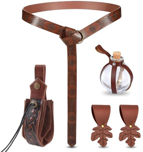 WJMY 5-teiliges Mittelalter Zubehör Set Mittelalter Kleidung Kostüm | Wikinger Gürtel mit Gürteltasche, Zauberflasche und Anhängern für LARP, Rollenspiel, Halloween, Karneval und Fasching
