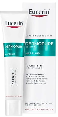 Eucerin DermoPure Clinical Fluido Opacizzante 40 ml, Crema opacizzante viso per 8h effetto mat, Crema viso pelle grassa e acneica con Acido Salicilico e Carnitina anti-imperfezioni e pori dilatati