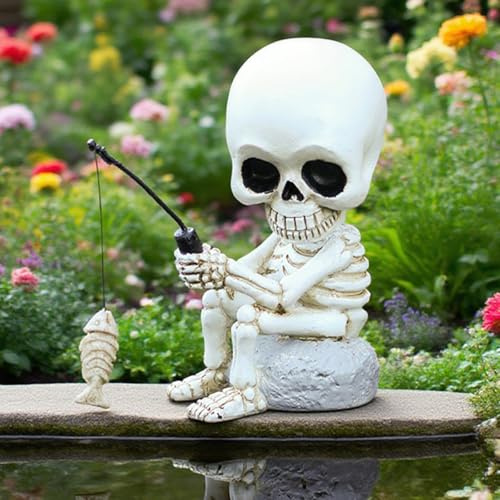 JARPSIRY Angel-Skelett-Statue mit drehbarem Kopf, lustige Halloween-Dekoration, 9,5 cm, niedlicher sitzender Totenkopf-Figur, Harz-Skulptur für den Außenbereich, Garten, Hof, Rasen, Teich, Pool