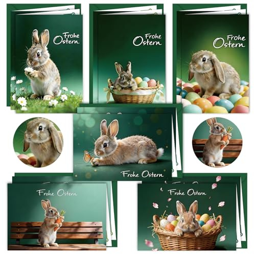 LIZANQU 12X Oster karten mit Umschlag Set, Osterkarten Aufklappbar mit Aufkleber Umschlag, Osterkarten Set, Frohe Ostern Kartenset, 6 Unterschiedliche Motive je 2 Stück (A)