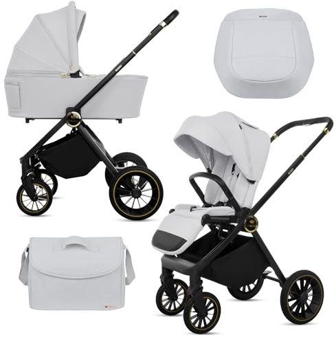 BabyLux® Kinderwagen 2in1 ROSSO, Faltbar Leicht Kombikinderwagen Set incl. Babywanne, Buggy Sportsitz, Wickeltasche und mehr Zubehör, 4 Liegepositionen, 0-22kg (0-4 Jahre), UV Schutz 50+. Belüftung
