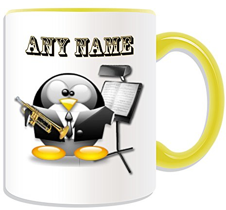 Regalo personalizado – Trompeta taza pingüino (en disfraz diseño tema, color) – N 'importe quel nombre/mensaje en tu único – Symphony – Música Instrumento de música, cerámica, amarillo
