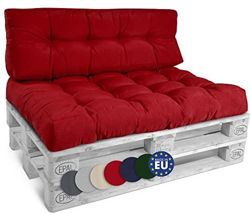 Beautissu Set Palettenkissen Outdoor 1x Sitzkissen 120x80 cm & 1x Rückenkissen 120x40 cm – Auflagen für Paletten Europaletten Palettensofa Lounge Kissen Palettenmöbel Palettenpolster Rot – Style