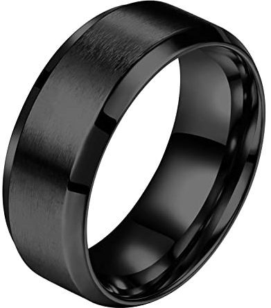 Flongo Bague Acier Inoxyable Mariage Promesse Anneaux Large 8mm Couleur Noir Taille 57 Classique Bijoux Cadeau pour Homme