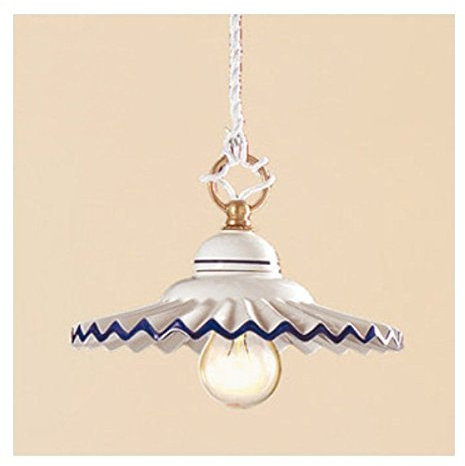 Lampadario in ceramica piatto plissettato bordo blu country vintage - Ø 21 cm - Marrone