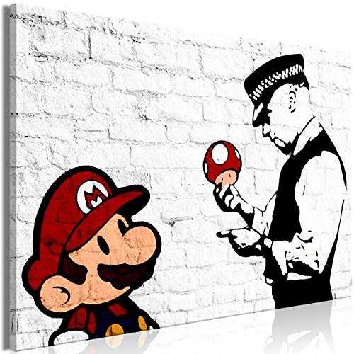 decomonkey Bilder Mario and Cop Banksy 120x80 cm 1 Teilig Leinwandbilder Bild auf Leinwand Vlies Wandbild Kunstdruck Wanddeko Wand Wohnzimmer Wanddekoration Deko Street Art Ziegel