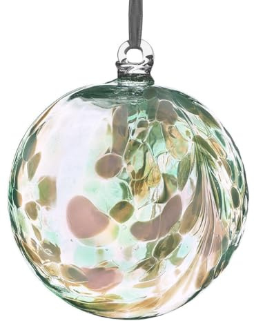 Sienna Glass 10cm Hanging Friendship Ball – Handcrafted Green Mouth-Blown Glass Ornament with Feather Design – Unique Gift Boxed Decoration for Windows, Gardens, Birthdays, Memorials