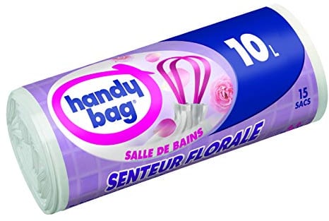 Handy Bag 1 Rouleau de 15 Sacs Poubelle 10 L, Pour Salle de Bains, Poignées Coulissantes, Ultra Résistant, Anti-Fuites, 45 x 45 cm, Blanc