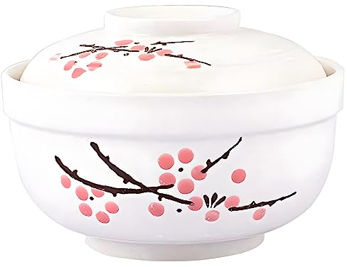 Whitenesser Ceramic Ramen Bowl with lids, Japanese Large 27.5 OZ Big Instant Noodle Bowls for Soup Rice and Porridge (Red Flower)