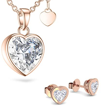 Schmuckset Rosegold Damen echt Silber 925 hochwertig Rose vergoldet |GRATIS Ich liebe Dich GESCHENKBOX| Hochzeit Braut Geschenkset für Frauen Schmuck Set Freundin Hals-Kette Ohrringe Ohrstecker Herz