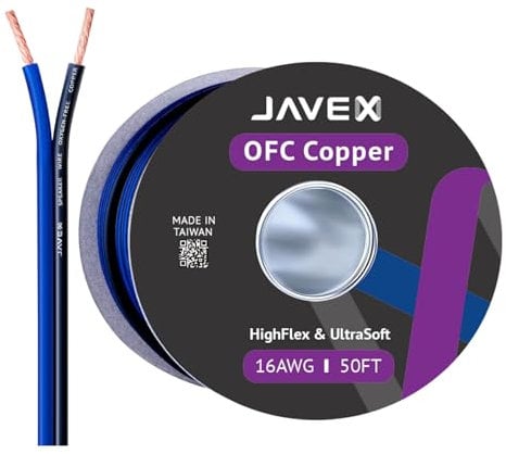 JAVEX Câble d'enceinte AWG de calibre 16 [2x1,31mm2] [cuivre sans oxygène 99,9%] cuivre torsadé, bleu/noir, câble pour systèmes Hi-Fi, amplificateurs 50 pieds [15,25 m]