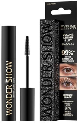 Eveline Cosmetics Wonder Show Mascara Verlängernde Wimperntusche - Extreme Wimpernverlängerung, Volumen & Schwung - Vegane Formel mit Sonnenblumenöl & Carnaubawachs - 7ml