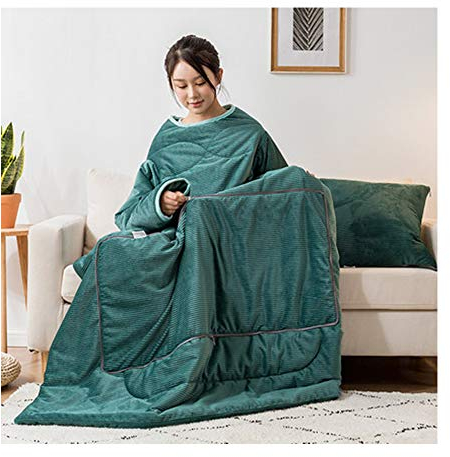 HOXMOMA Tragbare Decke mit Ärmeln, Steppdecke aus Baumwolle, gefaltet in EIN Kissen, Warmer Schlafsack für Erwachsene, winddichter Umhang für das Büro zu Hause 59 * 77in,Grün