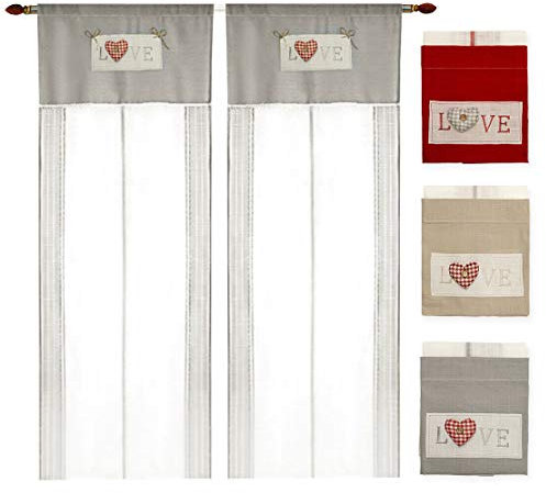 emmevi Tenda Finestra Porta Interno Coppia 2 pz Cuore 3D Tessuto Lino Semitrasparente Varie Misure MOD.Tenda Love 1 CONF 60X150 TOTORA
