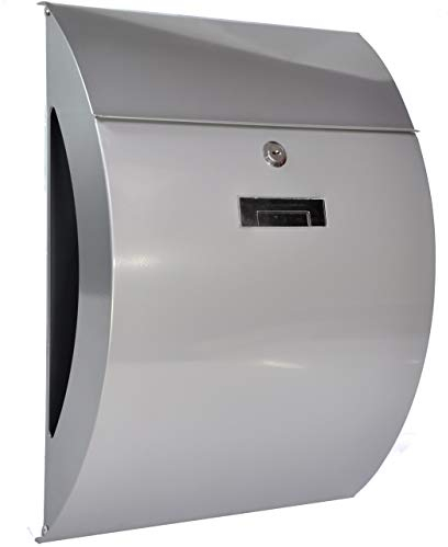 Designer Briefkasten Wandbriefkasten inkl. Zeitungsfach - wetterfest Dank Pulverbeschichtung, Silber, Groß Elegant, Verzinktes Blech Post Mailbox, 3 Schlüsseln, C4 Einwurf-Format, Namensschild