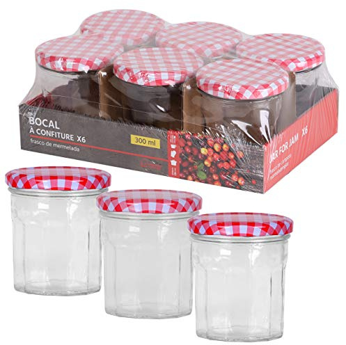 6 x Clear 0.3 Litre Glass Preserve Jars with Checkered Metal Lids for Jam, Butter, Marmelade, Honey and Food Storage (12)