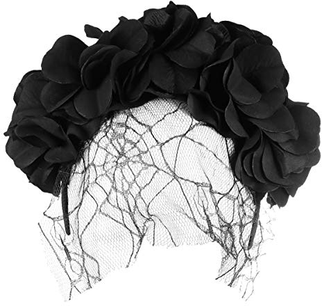 Minkissy Dia de Los Muertos Kopfbedeckung Schwarze Netzblumenkrone für Halloween & Karneval Bequemes Stirnband für Damen, Perfekt für Kostümpartys, Gothic-Look und Totenkopfthemen